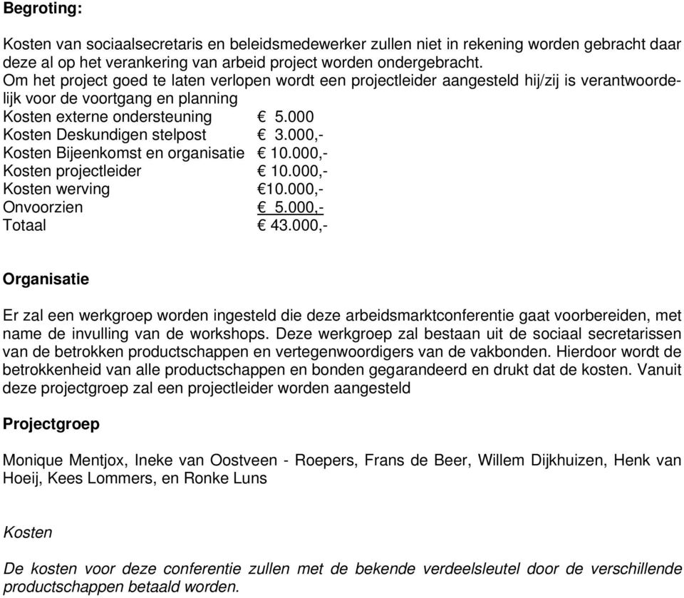 000,- Kosten Bijeenkomst en organisatie 10.000,- Kosten projectleider 10.000,- Kosten werving 10.000,- Onvoorzien 5.000,- Totaal 43.