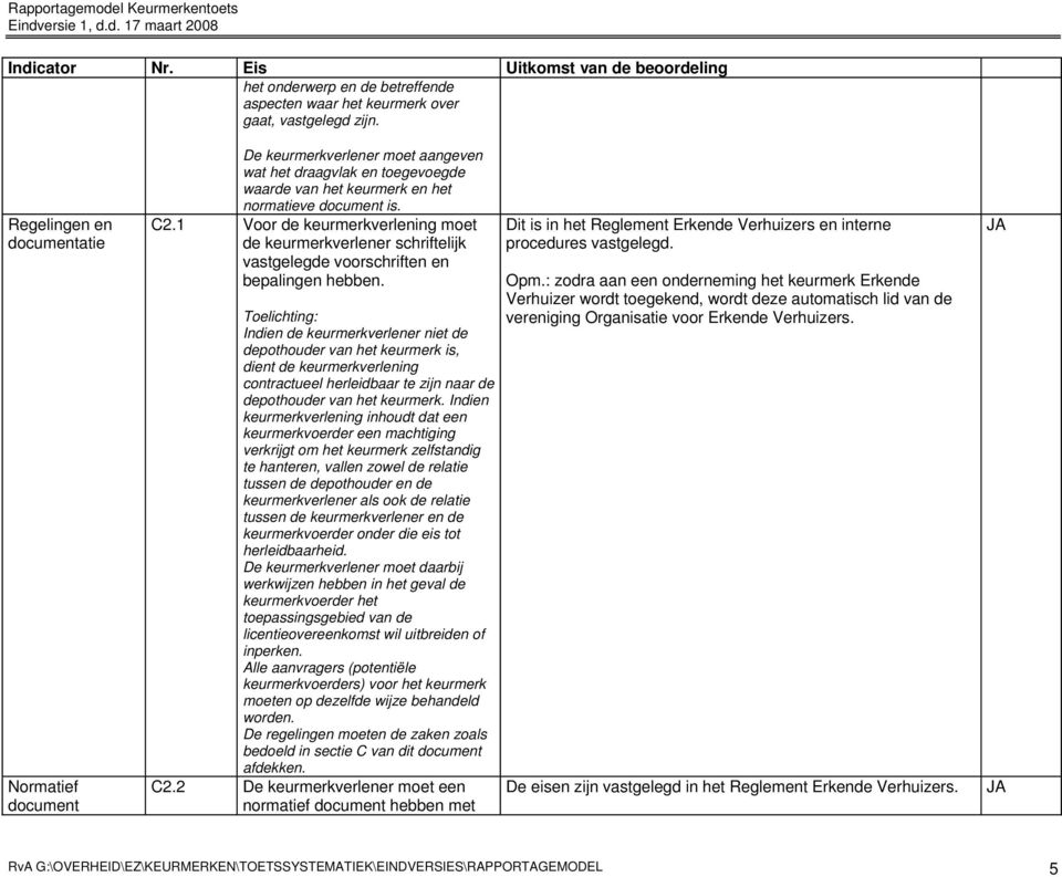 1 Voor de keurmerkverlening moet de keurmerkverlener schriftelijk vastgelegde voorschriften en bepalingen hebben.