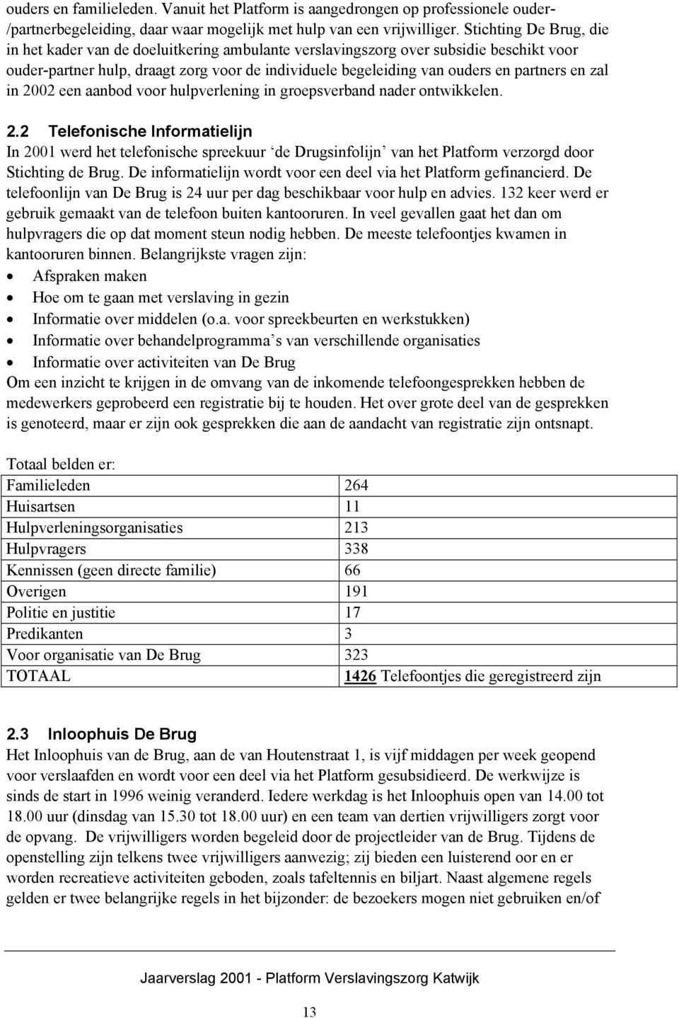 en zal in 2002 een aanbod voor hulpverlening in groepsverband nader ontwikkelen. 2.2 Telefonische Informatielijn In 2001 werd het telefonische spreekuur de Drugsinfolijn van het Platform verzorgd door Stichting de Brug.