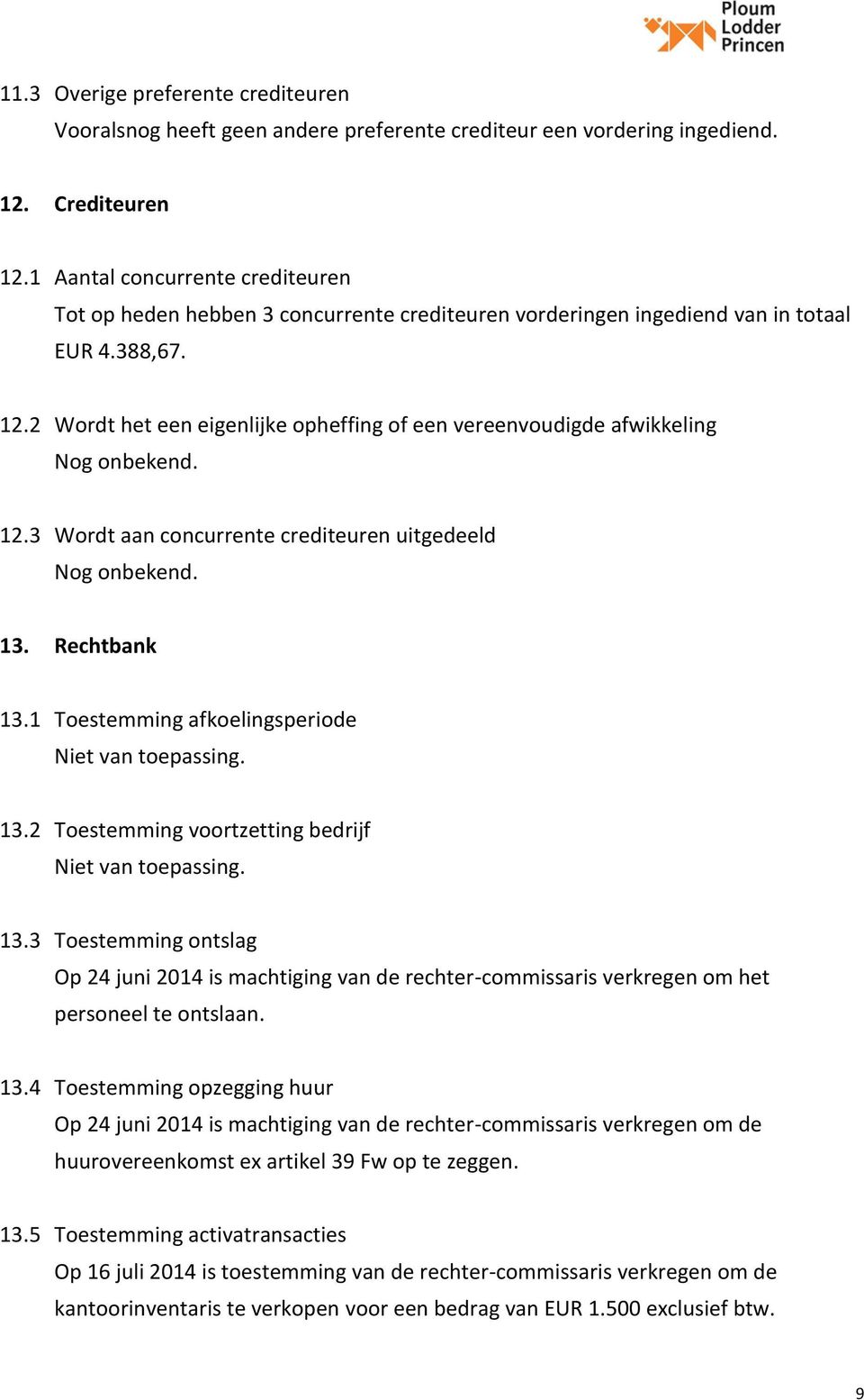 2 Wordt het een eigenlijke opheffing of een vereenvoudigde afwikkeling Nog onbekend. 12.3 Wordt aan concurrente crediteuren uitgedeeld Nog onbekend. 13. Rechtbank 13.