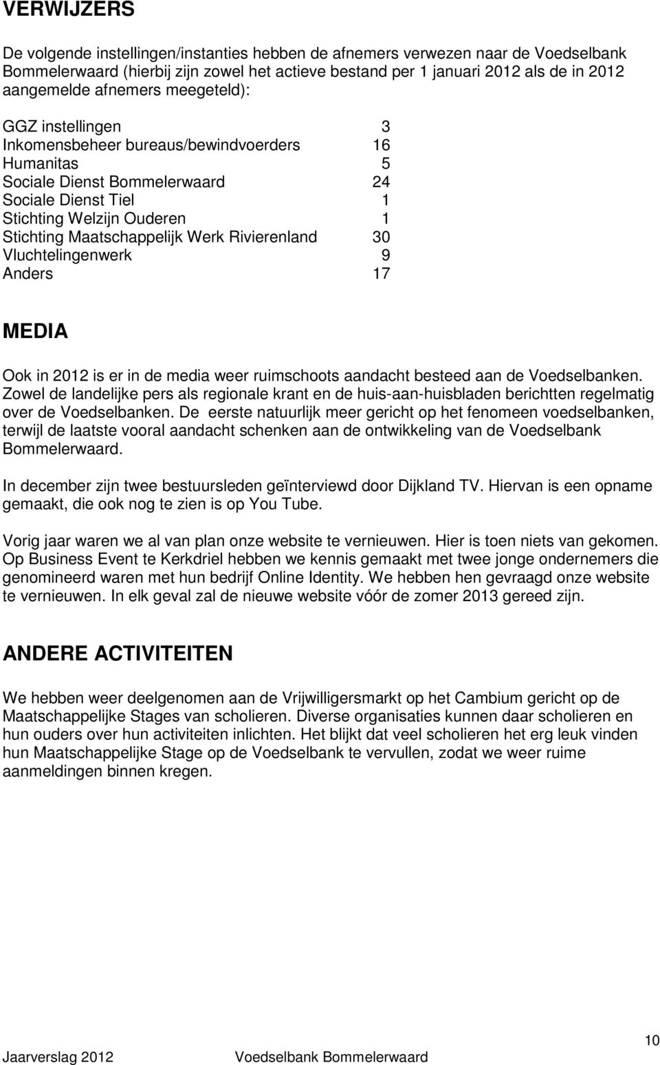 Maatschappelijk Werk Rivierenland 30 Vluchtelingenwerk 9 Anders 17 MEDIA Ook in 2012 is er in de media weer ruimschoots aandacht besteed aan de Voedselbanken.