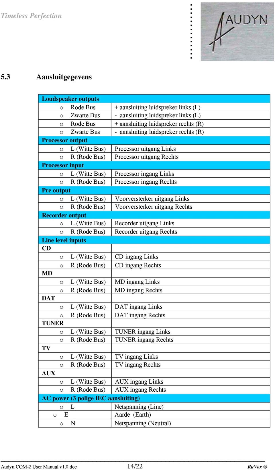 ingang Rechts Pre utput L (Witte Bus) Vrversterker uitgang Links R (Rde Bus) Vrversterker uitgang Rechts Recrder utput L (Witte Bus) Recrder uitgang Links R (Rde Bus) Recrder uitgang Rechts Line