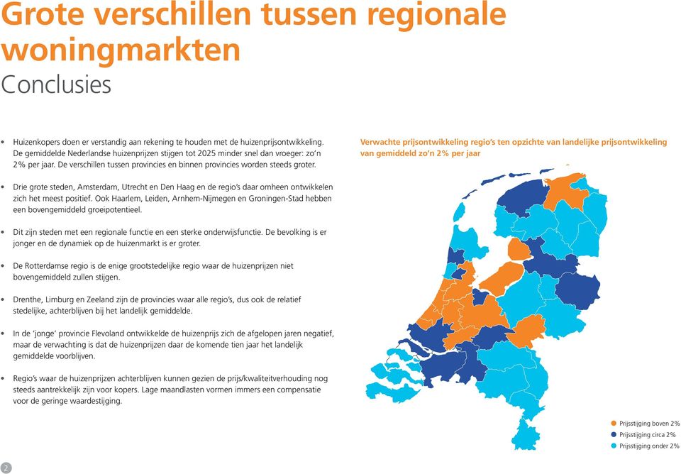 Verwachte prijsontwikkeling regio s ten opzichte van landelijke prijsontwikkeling van gemiddeld zo n 2% per jaar Drie grote steden, Amsterdam, Utrecht en Den Haag en de regio s daar omheen