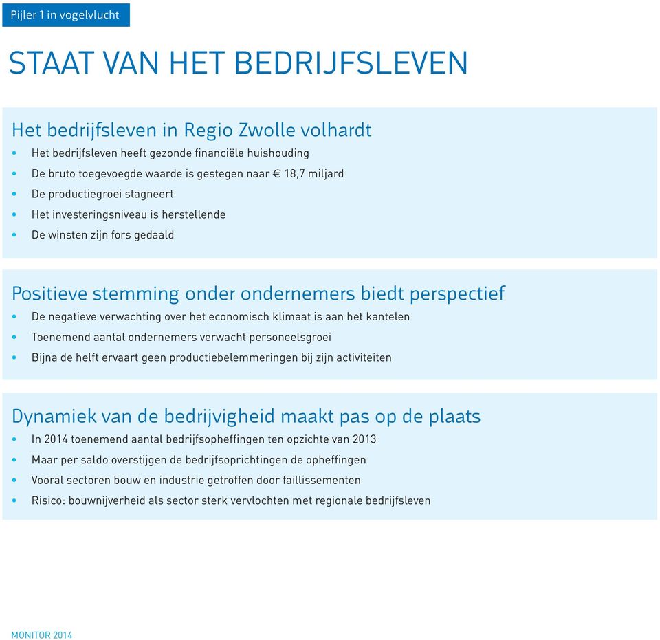 economisch klimaat is aan het kantelen Toenemend aantal ondernemers verwacht personeelsgroei Bijna de helft ervaart geen productiebelemmeringen bij zijn activiteiten Dynamiek van de bedrijvigheid