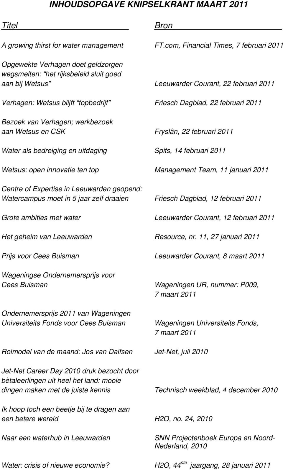 Friesch Dagblad, 22 februari 2011 Bezoek van Verhagen; werkbezoek aan Wetsus en CSK Fryslân, 22 februari 2011 Water als bedreiging en uitdaging Spits, 14 februari 2011 Wetsus: open innovatie ten top