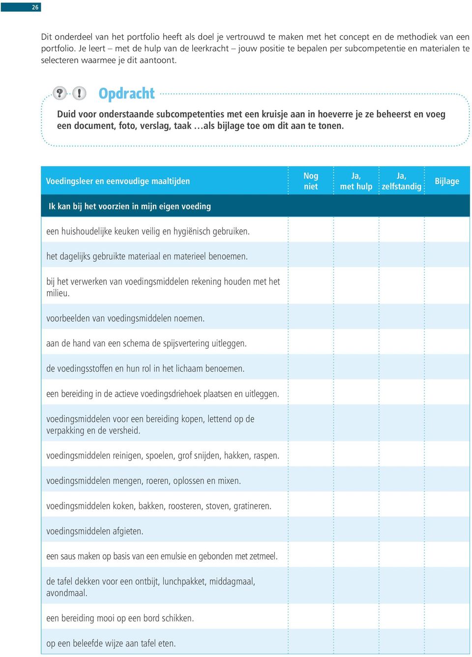 Duid voor onderstaande subcompetenties met een kruisje aan in hoeverre je ze beheerst en voeg een document, foto, verslag, taak als bijlage toe om dit aan te tonen.