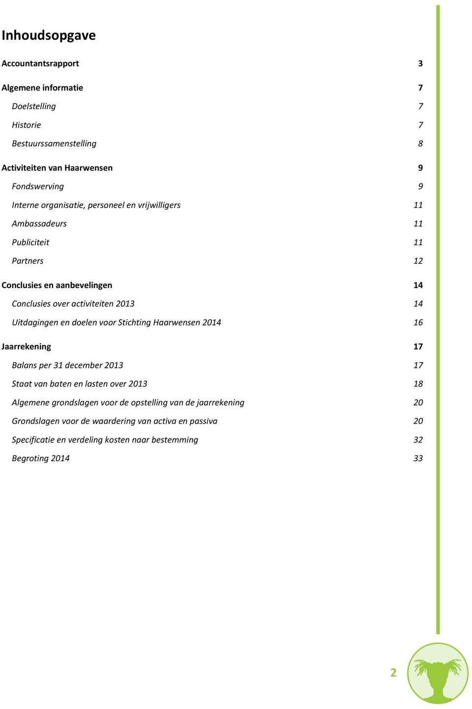 Uitdagingen en doelen voor Stichting Haarwensen 2014 16 Jaarrekening 17 Balans per 31 december 2013 17 Staat van baten en lasten over 2013 18 Algemene