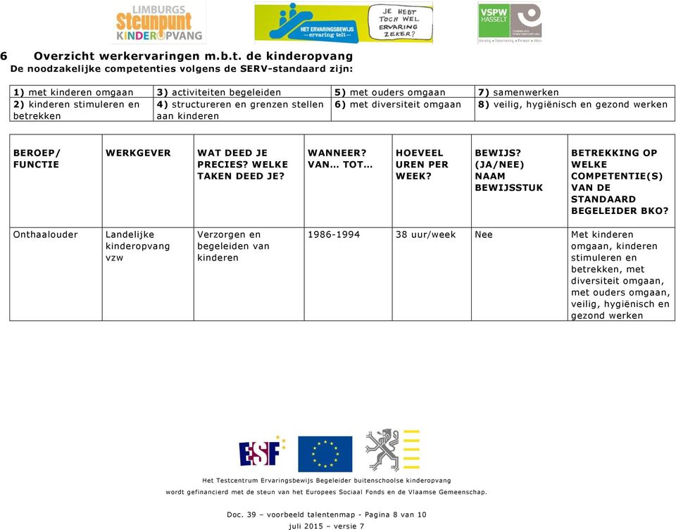 de kinderopvang De noodzakelijke competenties volgens de SERV-standaard zijn: 1) met kinderen omgaan 3) activiteiten begeleiden 5) met ouders omgaan 7) samenwerken 2) kinderen stimuleren en 4)