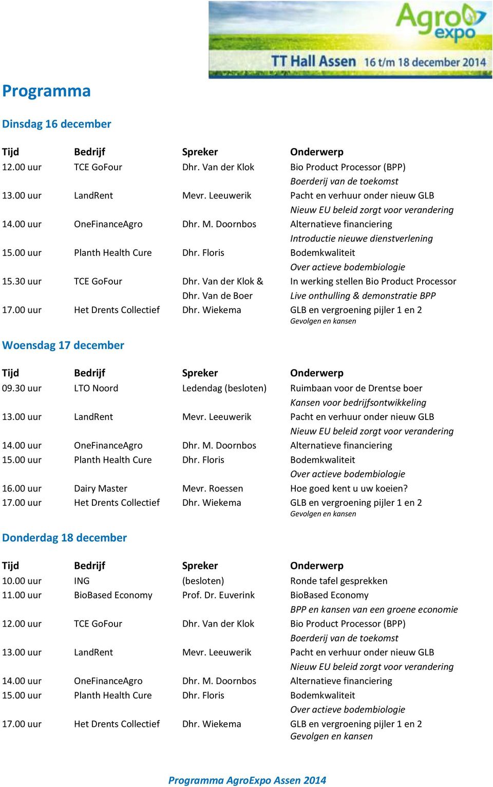 Floris Bodemkwaliteit 15.30 uur TCE GoFour Dhr. Van der Klok & In werking stellen Bio Product Processor Dhr. Van de Boer Live onthulling & demonstratie BPP 17.00 uur Het Drents Collectief Dhr.