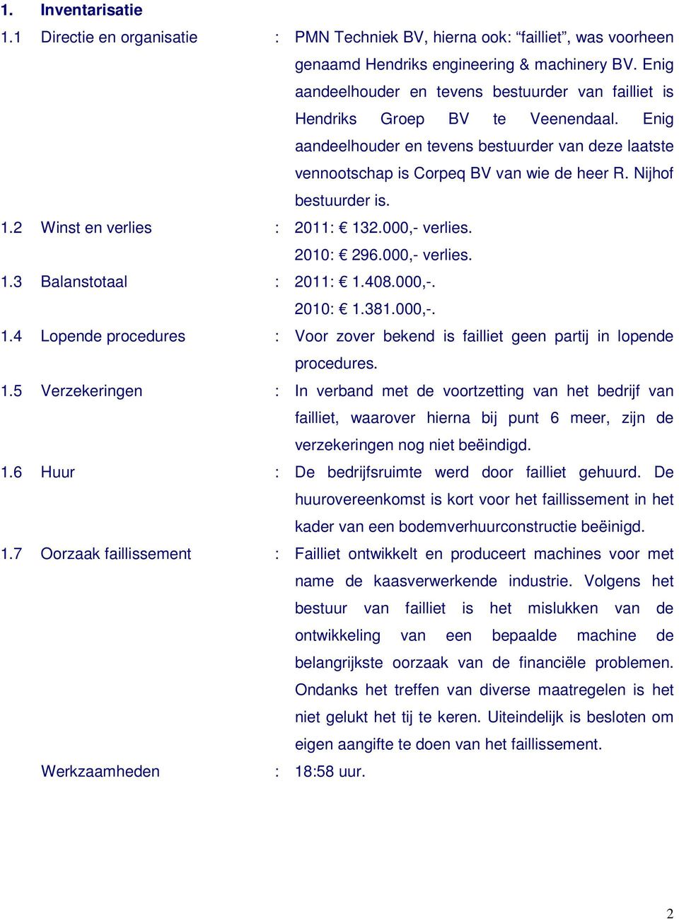 Nijhof bestuurder is. 1.2 Winst en verlies : 2011: 132.000,- verlies. 2010: 296.000,- verlies. 1.3 Balanstotaal : 2011: 1.408.000,-. 2010: 1.381.000,-. 1.4 Lopende procedures : Voor zover bekend is failliet geen partij in lopende procedures.