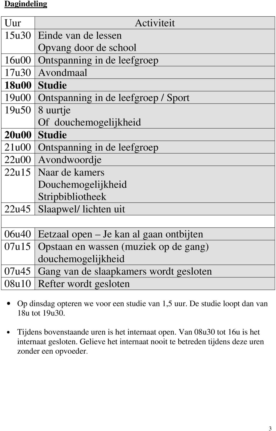 gaan ontbijten 07u15 Opstaan en wassen (muziek op de gang) douchemogelijkheid 07u45 Gang van de slaapkamers wordt gesloten 08u10 Refter wordt gesloten Op dinsdag opteren we voor een studie van 1,5