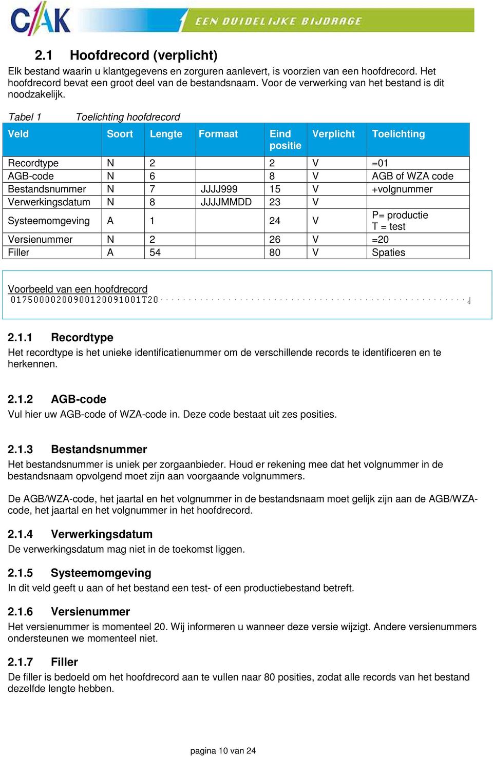 Tabel 1 Toelichting hoofdrecord Veld Soort Lengte Formaat Eind positie Verplicht Toelichting Recordtype N 2 2 V =01 AGB-code N 6 8 V AGB of WZA code Bestandsnummer N 7 JJJJ999 15 V +volgnummer