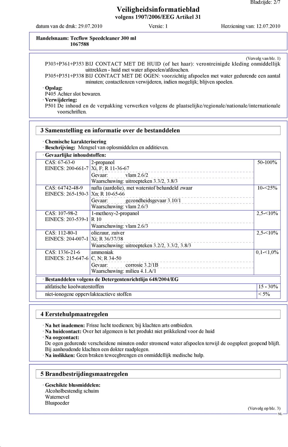 Verwijdering: P501 De inhoud en de verpakking verwerken volgens de plaatselijke/regionale/nationale/internationale voorschriften.