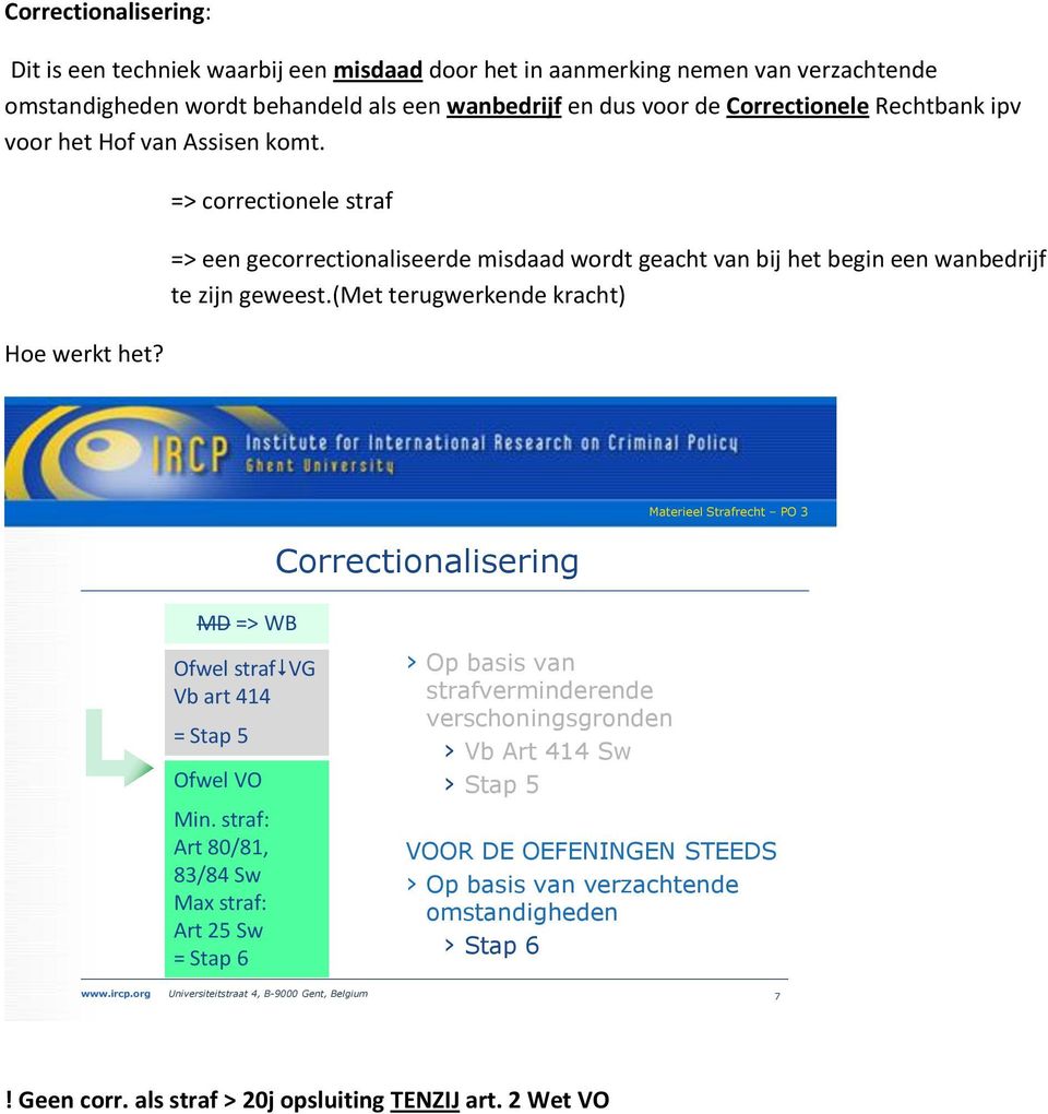 (met terugwerkende kracht) Correctionalisering Materieel Strafrecht PO 3 MD => WB Ofwel straf VG Vb art 414 = Stap 5 Ofwel VO Min.