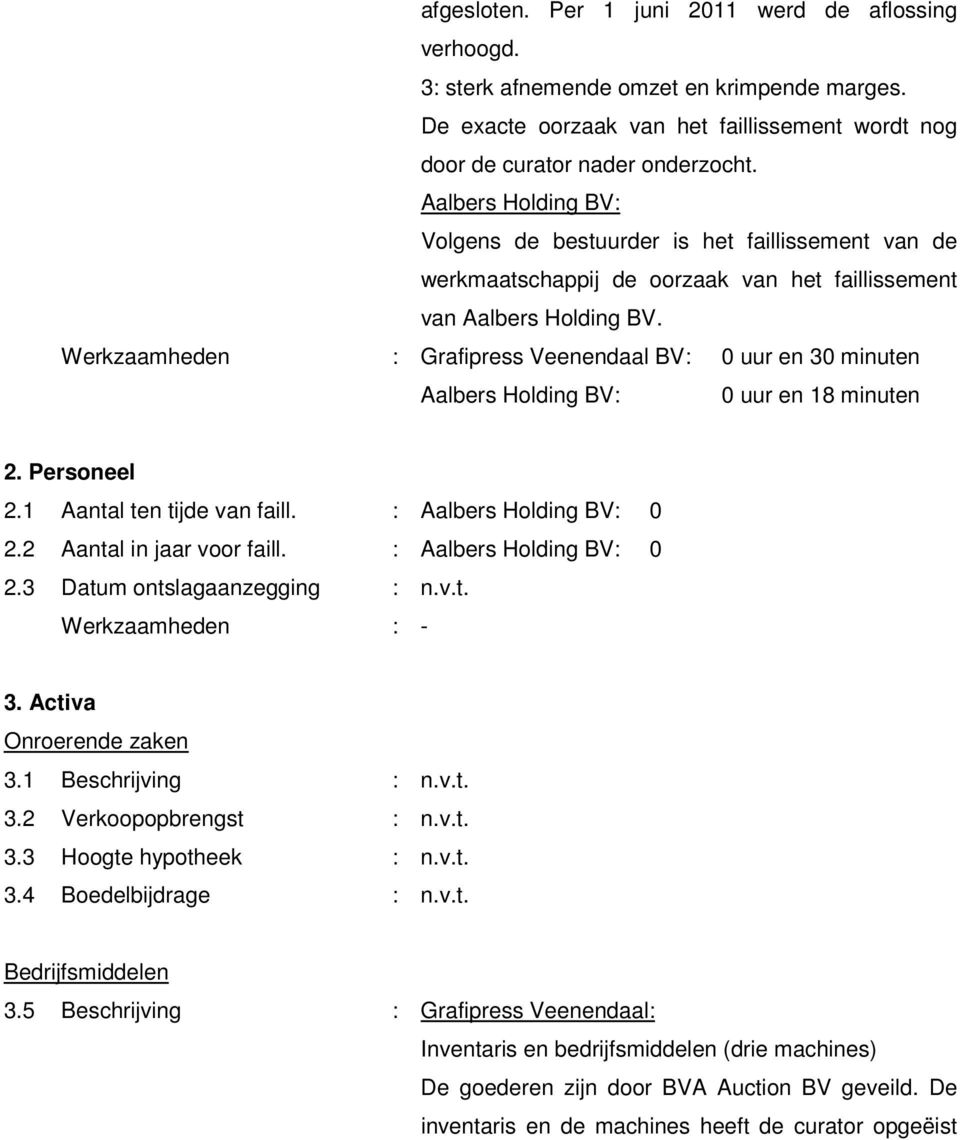 Werkzaamheden : Grafipress Veenendaal BV: 0 uur en 30 minuten 0 uur en 18 minuten 2. Personeel 2.1 Aantal ten tijde van faill. : 0 2.2 Aantal in jaar voor faill. : 0 2.3 Datum ontslagaanzegging : n.v.t. Werkzaamheden : - 3.