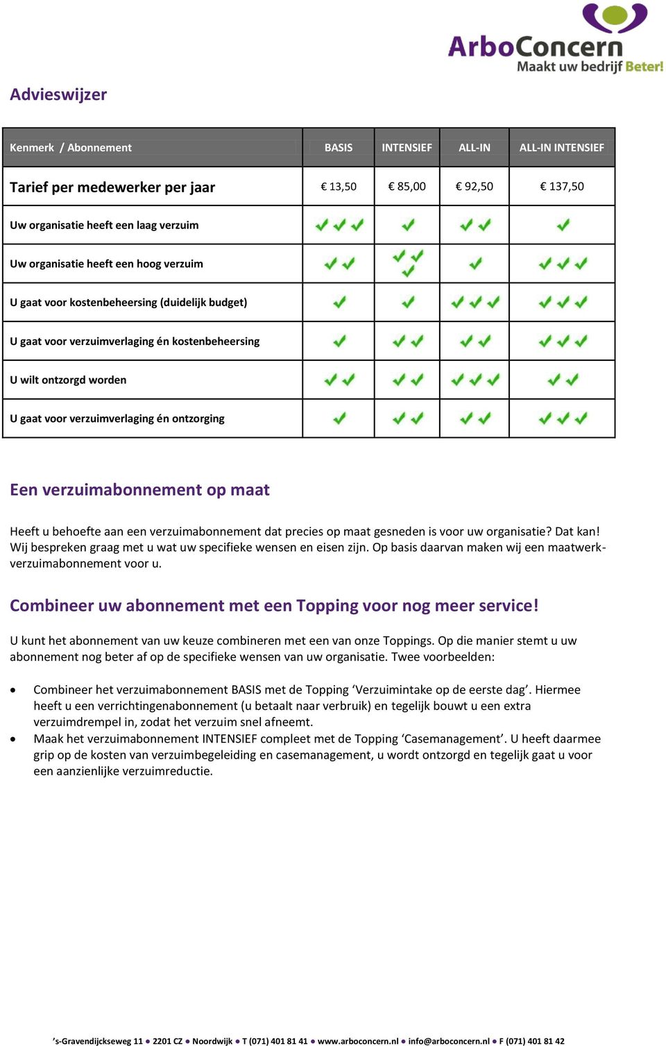 maat Heeft u behoefte aan een verzuimabonnement dat precies op maat gesneden is voor uw organisatie? Dat kan! Wij bespreken graag met u wat uw specifieke wensen en eisen zijn.