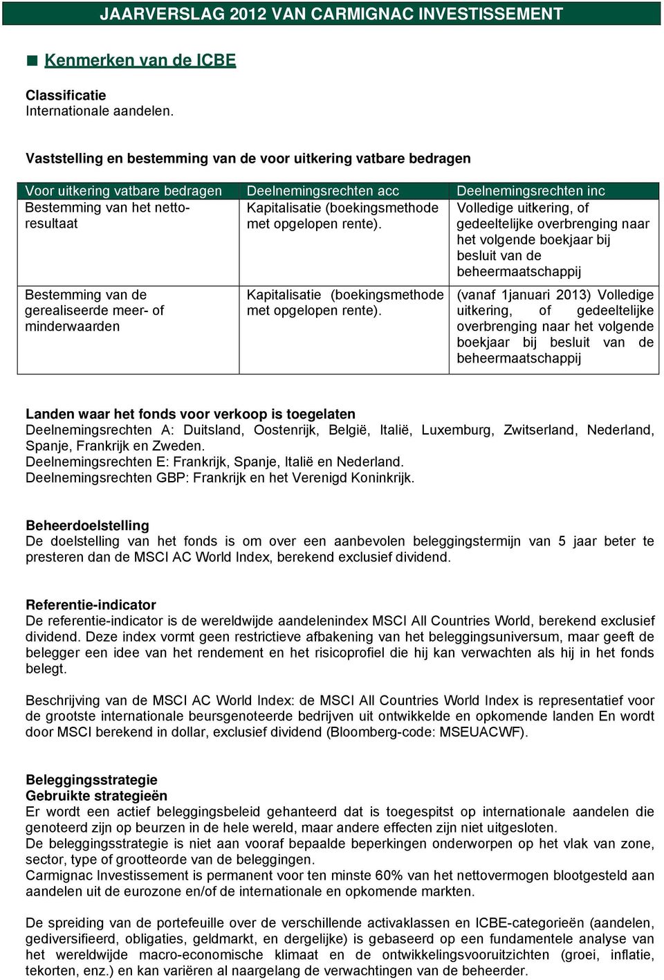 gedeeltelijke overbrenging naar Kapitalisatie (boekingsmethode Volledige uitkering, of het volgende boekjaar bij besluit van de beheermaatschappij Bestemming van de gerealiseerde meer- of