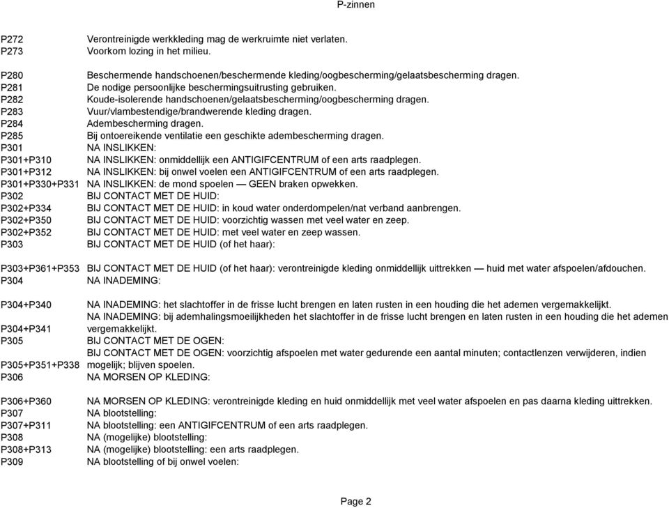 P284 Adembescherming dragen. P285 Bij ontoereikende ventilatie een geschikte adembescherming dragen. P301 NA INSLIKKEN: P301+P310 NA INSLIKKEN: onmiddellijk een ANTIGIFCENTRUM of een arts raadplegen.