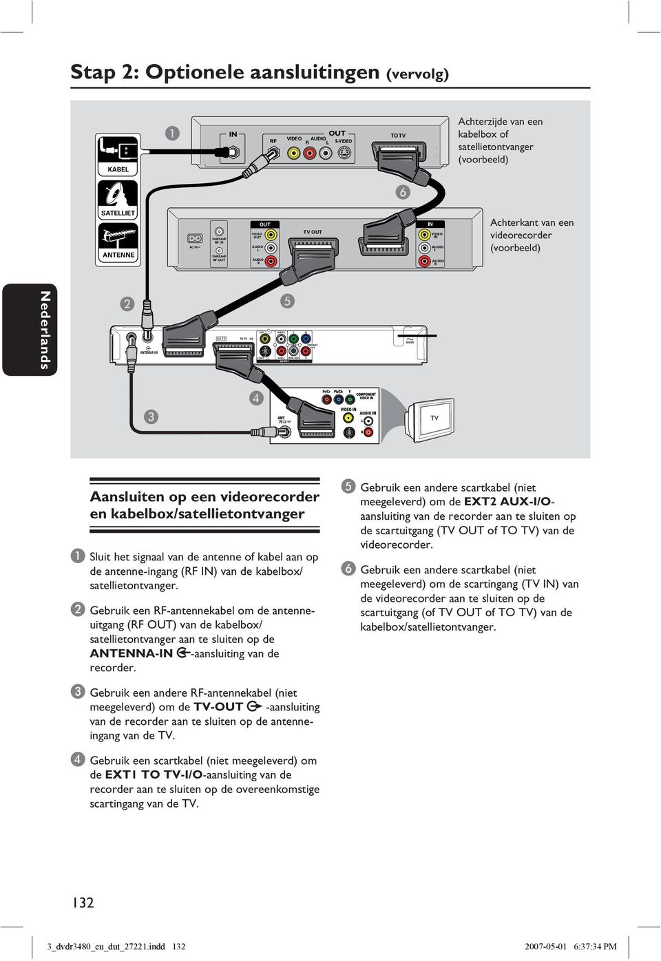 TV-OUT ANTENNA-IN EXT2 AUX - I/O EXT1 TO TV - I/O E OUTPUT MAINS C D TV Aansluiten op een videorecorder en kabelbox/satellietontvanger A Sluit het signaal van de antenne of kabel aan op de