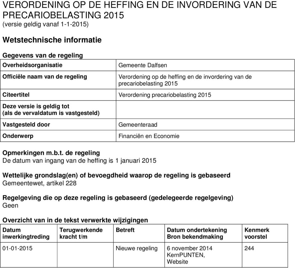 vastgesteld) Vastgesteld door Onderwerp Gemeenteraad Financiën en Economie Opmerkingen m.b.t. de regeling De datum van ingang van de heffing is 1 januari 2015 Wettelijke grondslag(en) of bevoegdheid