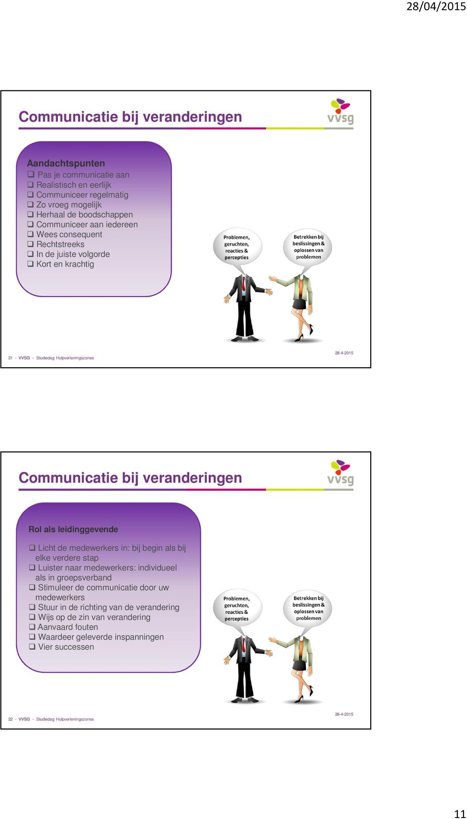 leidinggevende Licht de medewerkers in: bij begin als bij elke verdere stap Luister naar medewerkers: individueel als in groepsverband Stimuleer de