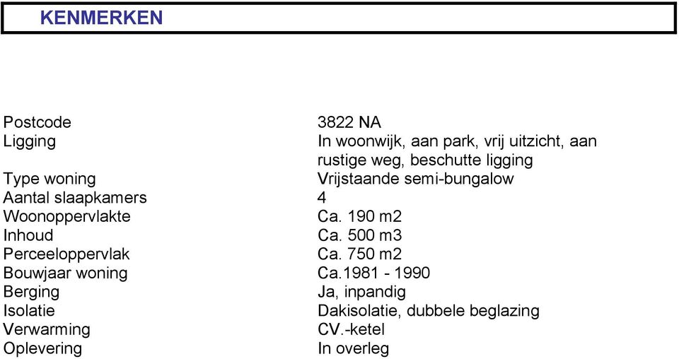 Ca. 190 m2 Inhoud Ca. 500 m3 Perceeloppervlak Ca. 750 m2 Bouwjaar woning Ca.