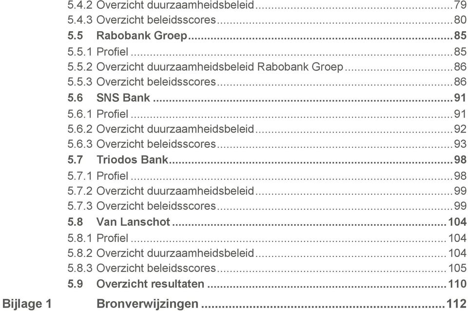 7 Triodos Bank... 98 5.7.1 Profiel... 98 5.7.2 Overzicht duurzaamheidsbeleid... 99 5.7.3 Overzicht beleidsscores... 99 5.8 Van Lanschot... 104 5.8.1 Profiel... 104 5.8.2 Overzicht duurzaamheidsbeleid... 104 5.8.3 Overzicht beleidsscores... 105 5.