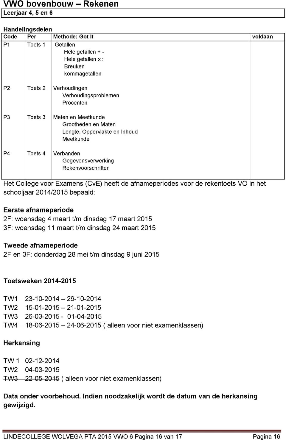 (CvE) heeft de afnameperiodes voor de rekentoets VO in het schooljaar 2014/2015 bepaald: Eerste afnameperiode 2F: woensdag 4 maart t/m dinsdag 17 maart 2015 3F: woensdag 11 maart t/m dinsdag 24 maart