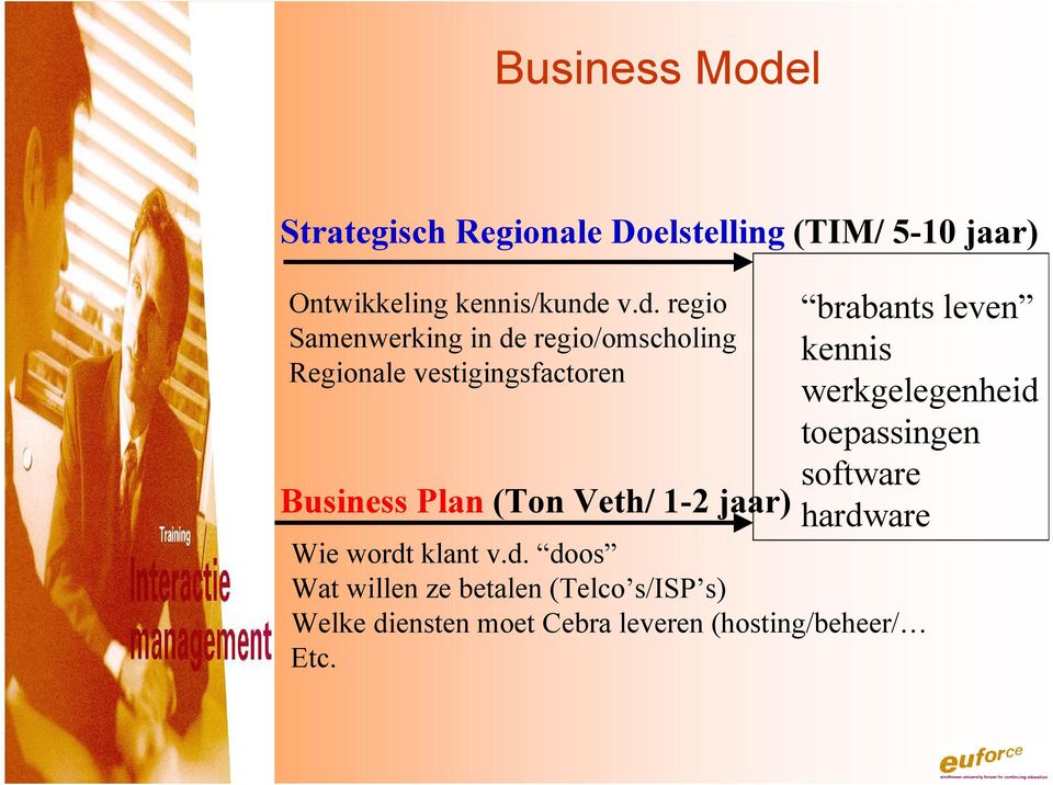 v.d. regio Samenwerking in de regio/omscholing Regionale vestigingsfactoren Business Plan (Ton