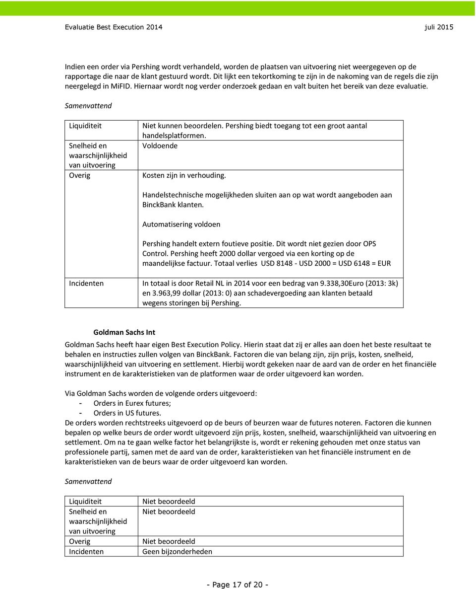 Samenvattend Liquiditeit Snelheid en waarschijnlijkheid van uitvoering Overig Niet kunnen beoordelen. Pershing biedt toegang tot een groot aantal handelsplatformen.