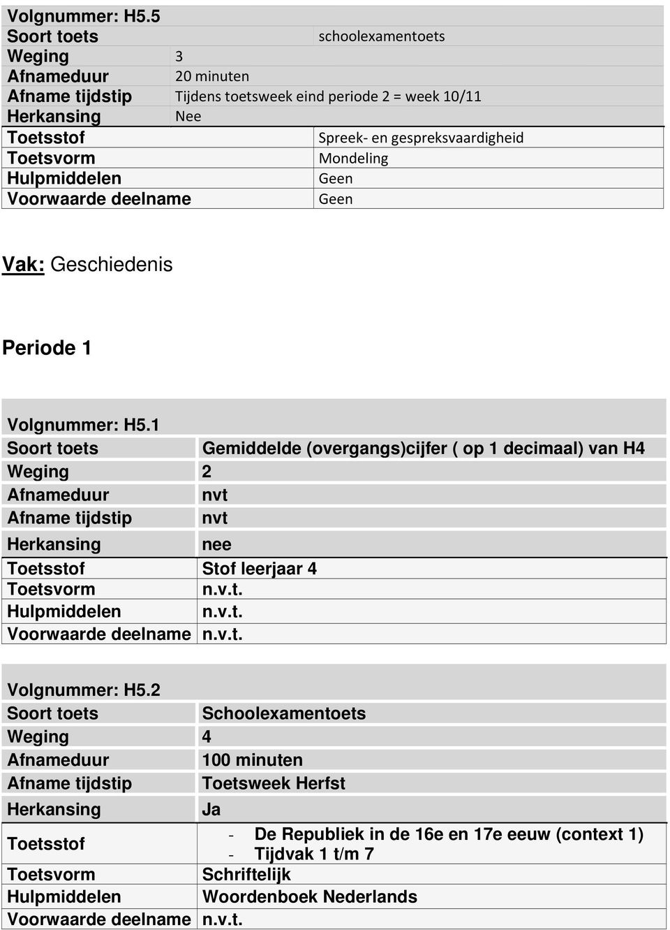 gespreksvaardigheid Mondeling Geen Geen Vak: Geschiedenis Periode 1 1 Gemiddelde (overgangs)cijfer ( op 1 decimaal) van H4