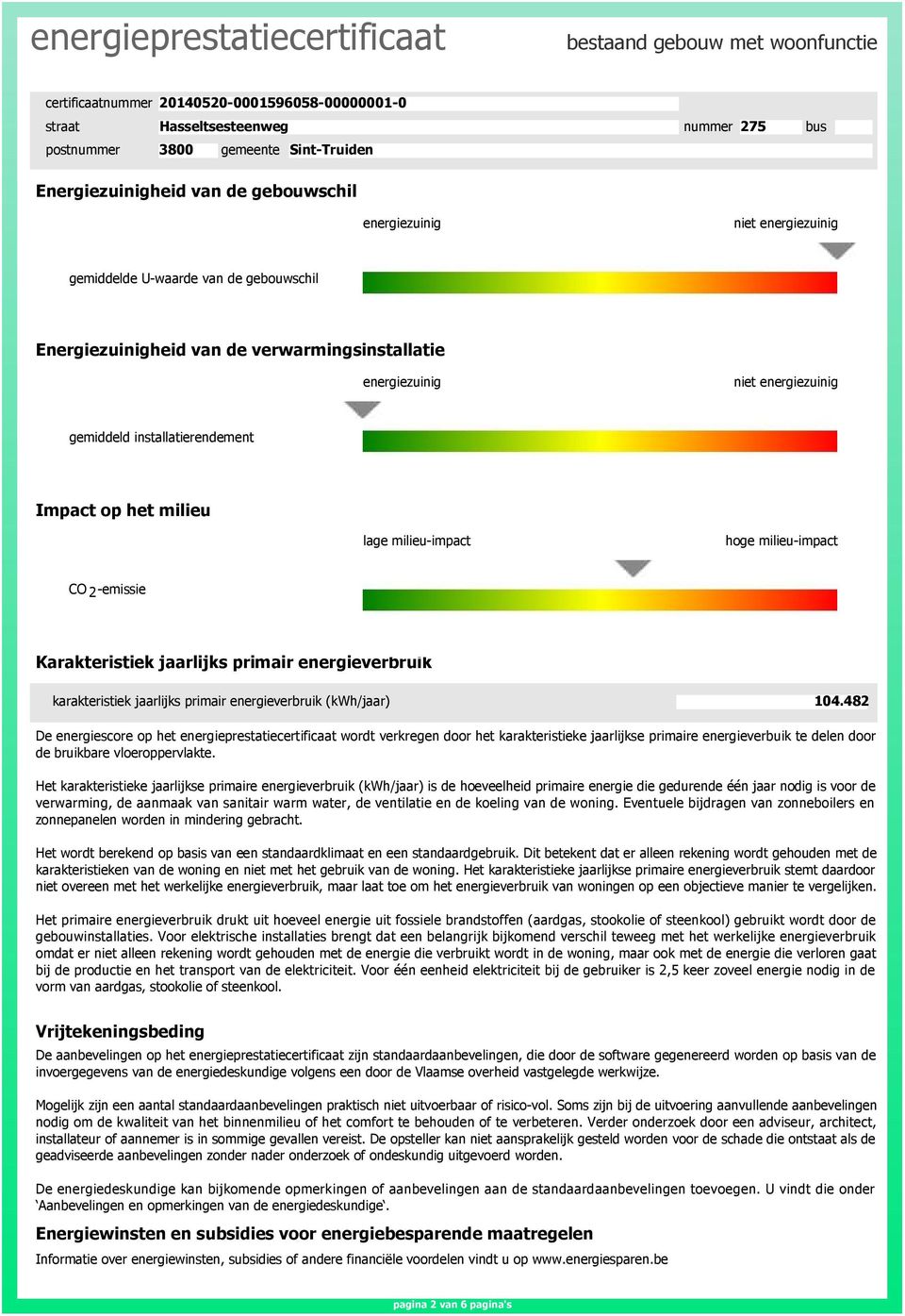 104.482 De energiescore op het energieprestatiecertificaat wordt verkregen door het karakteristieke arlijkse primaire energieverbuik te delen door de bruikbare vloeroppervlakte.