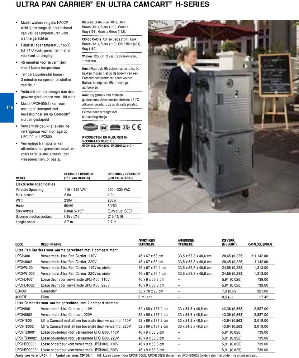 watt Model UPCH400(2) kan voor opslag of transport met bevestigingsriem op Camdolly worden gestapeld Verwarmde deurkits tevens los verkrijgbaar voor montage op UPC400 en UPC800 Veelzijdige
