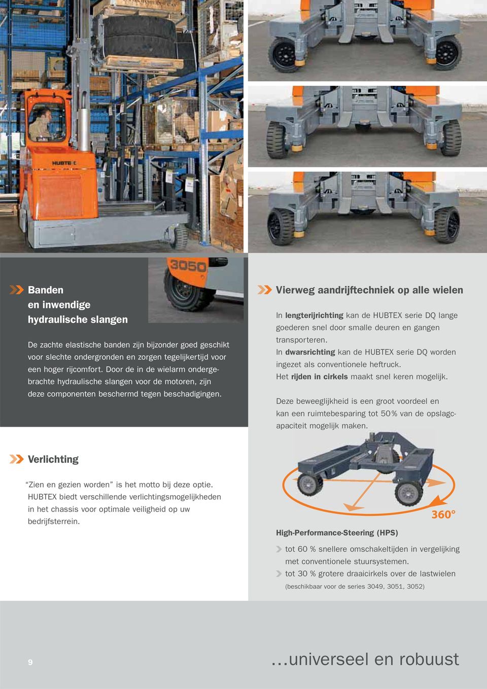 Vierweg aandrijftechniek op alle wielen In lengterijrichting kan de HUBTEX serie DQ lange goederen snel door smalle deuren en gangen transporteren.
