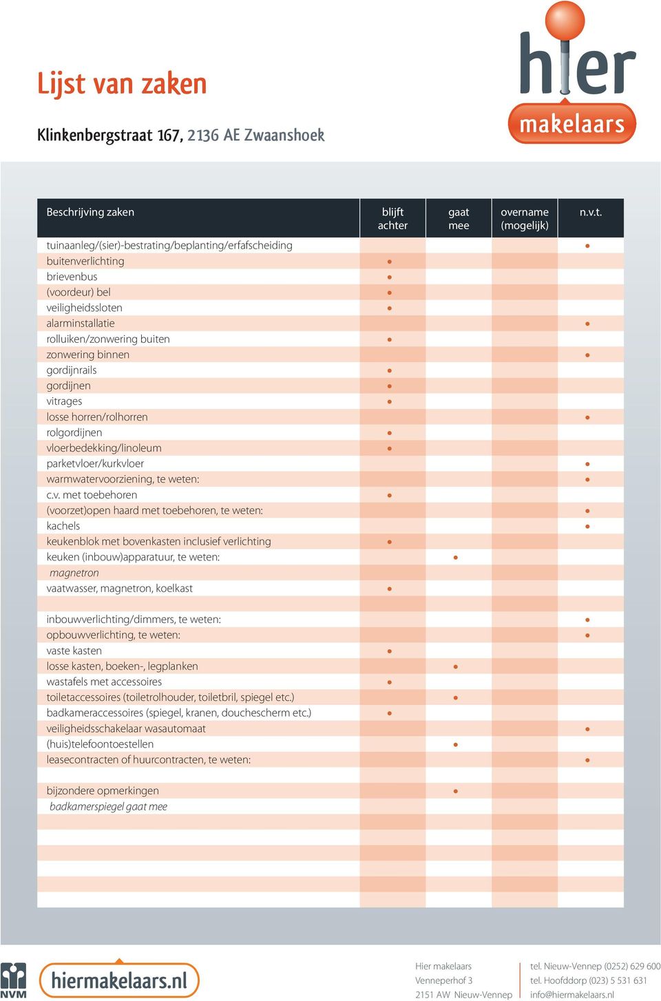 achter gaat mee overname (mogelijk) n.v.t. tuinaanleg/(sier)-bestrating/beplanting/erfafscheiding buitenverlichting brievenbus (voordeur) bel veiligheidssloten alarminstallatie rolluiken/zonwering