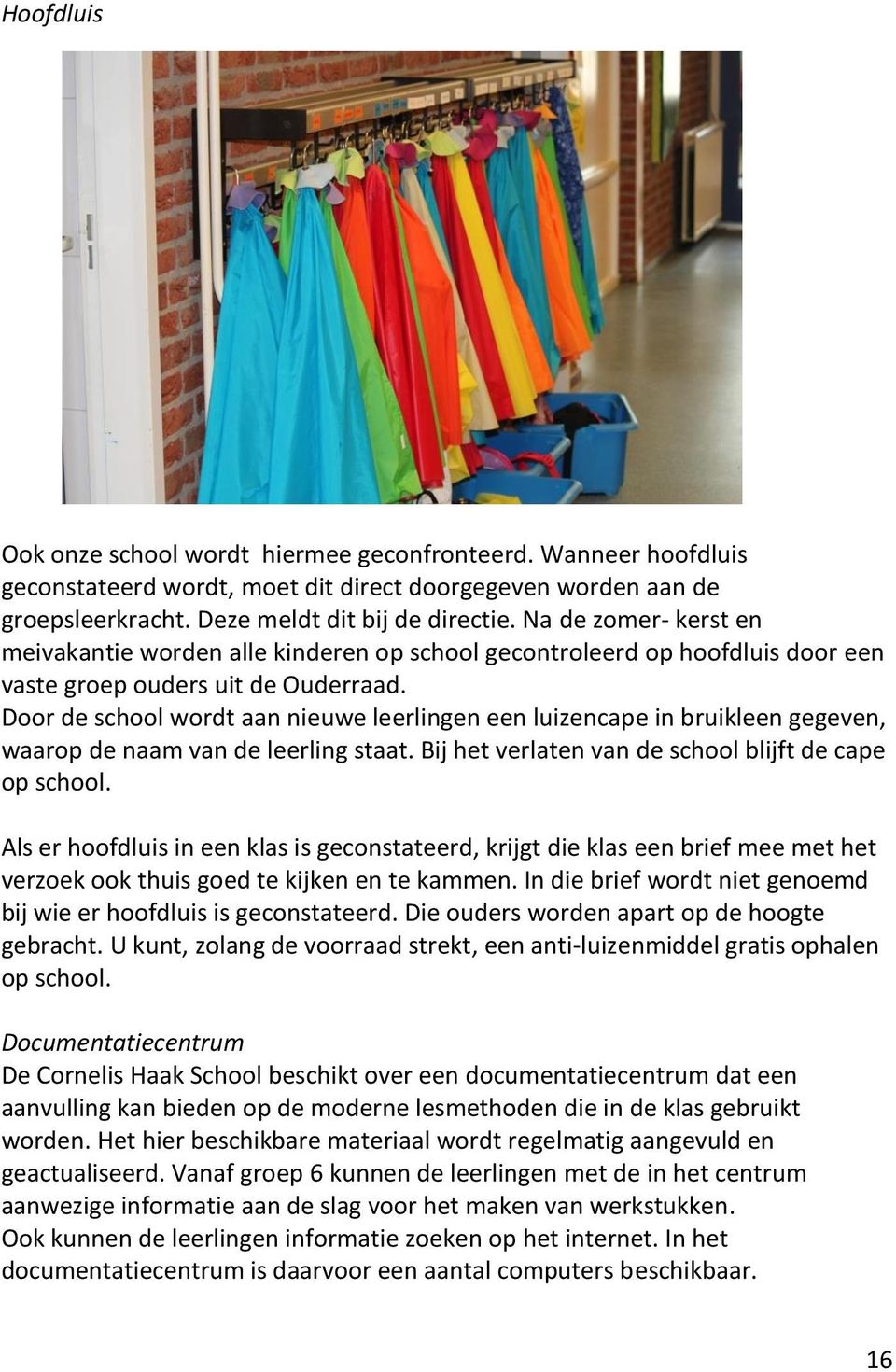 Door de school wordt aan nieuwe leerlingen een luizencape in bruikleen gegeven, waarop de naam van de leerling staat. Bij het verlaten van de school blijft de cape op school.