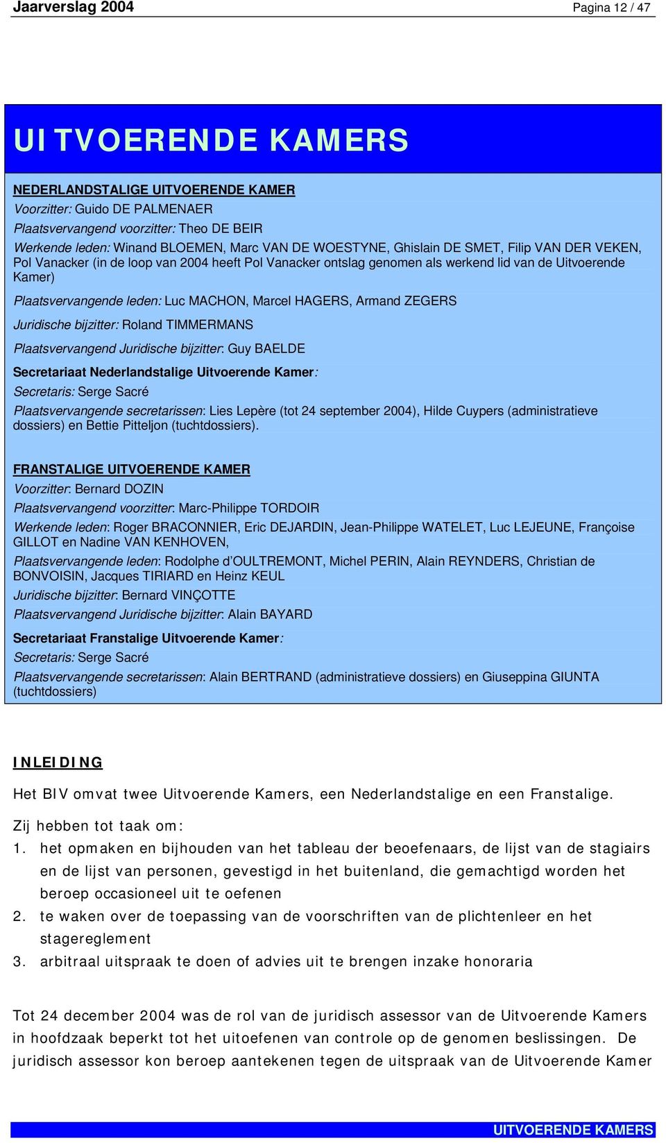 Marcel HAGERS, Armand ZEGERS Juridische bijzitter: Roland TIMMERMANS Plaatsvervangend Juridische bijzitter: Guy BAELDE Secretariaat Nederlandstalige Uitvoerende Kamer: Secretaris: Serge Sacré