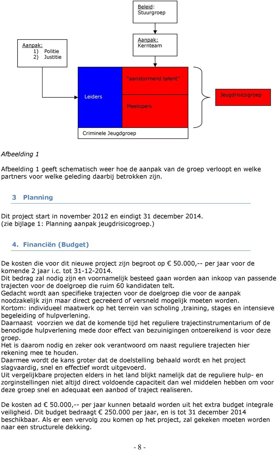 (zie bijlage 1: Planning aanpak jeugdrisicogroep.) 4. Financiën (Budget) De kosten die voor dit nieuwe project zijn begroot op 50.000,-- per jaar voor de komende 2 jaar i.c. tot 31-12-2014.