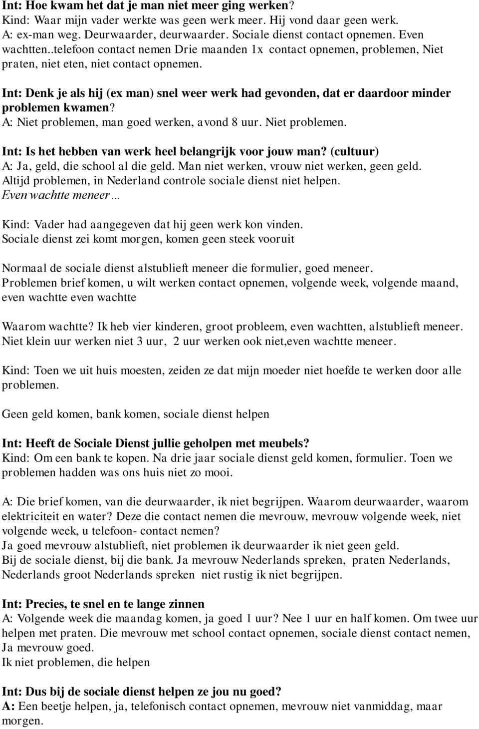 Int: Denk je als hij (ex man) snel weer werk had gevonden, dat er daardoor minder problemen kwamen? A: Niet problemen, man goed werken, avond 8 uur. Niet problemen. Int: Is het hebben van werk heel belangrijk voor jouw man?