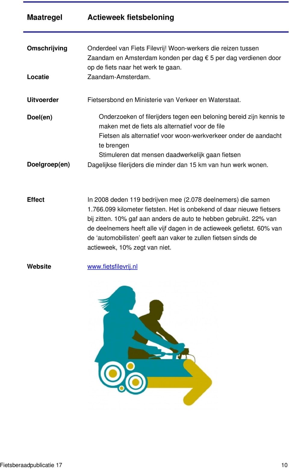 Onderzoeken of filerijders tegen een beloning bereid zijn kennis te maken met de fiets als alternatief voor de file Fietsen als alternatief voor woon-werkverkeer onder de aandacht te brengen