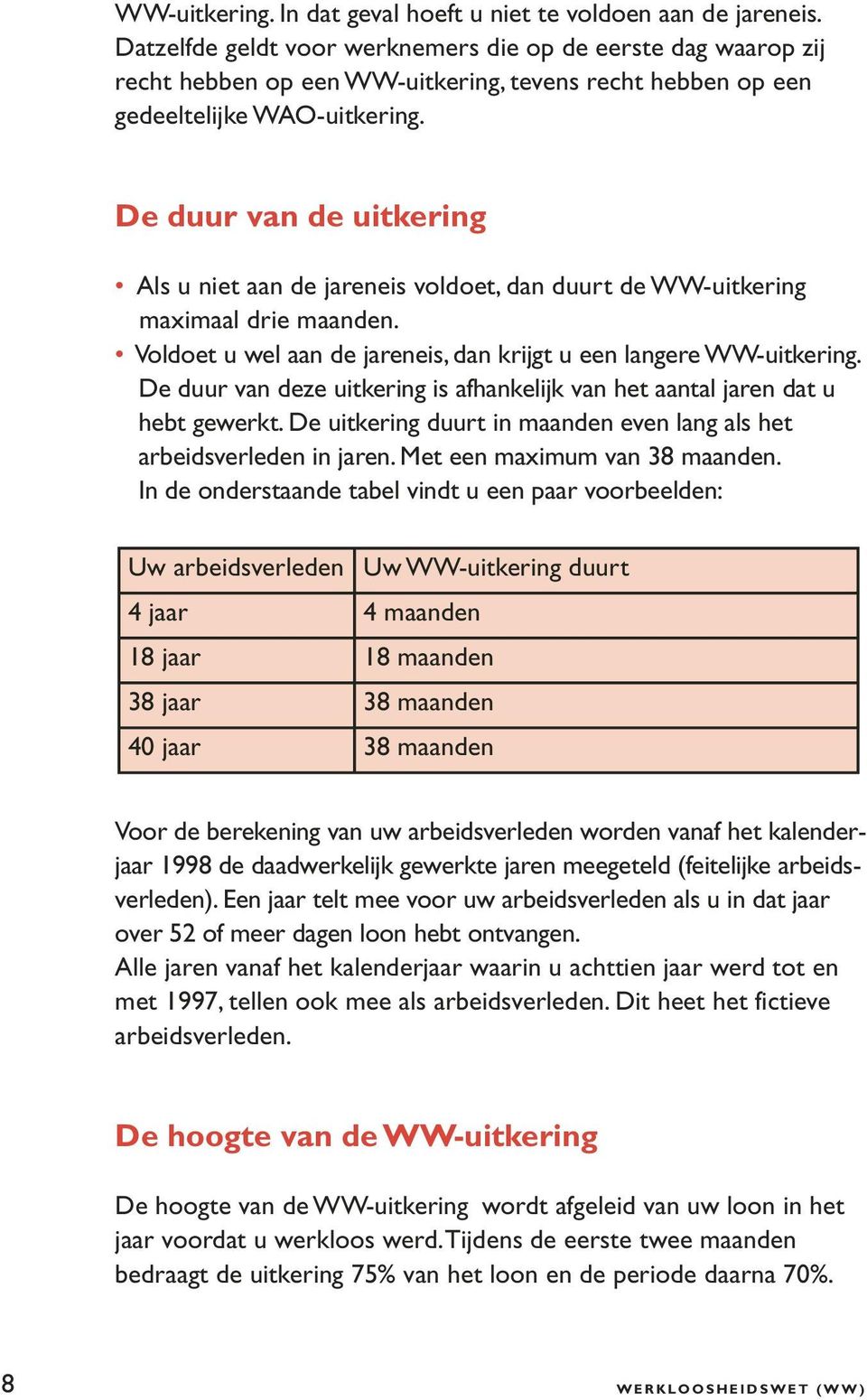 De duur van de uitkering Als u niet aan de jareneis voldoet, dan duurt de WW-uitkering maximaal drie maanden. Voldoet u wel aan de jareneis, dan krijgt u een langere WW-uitkering.