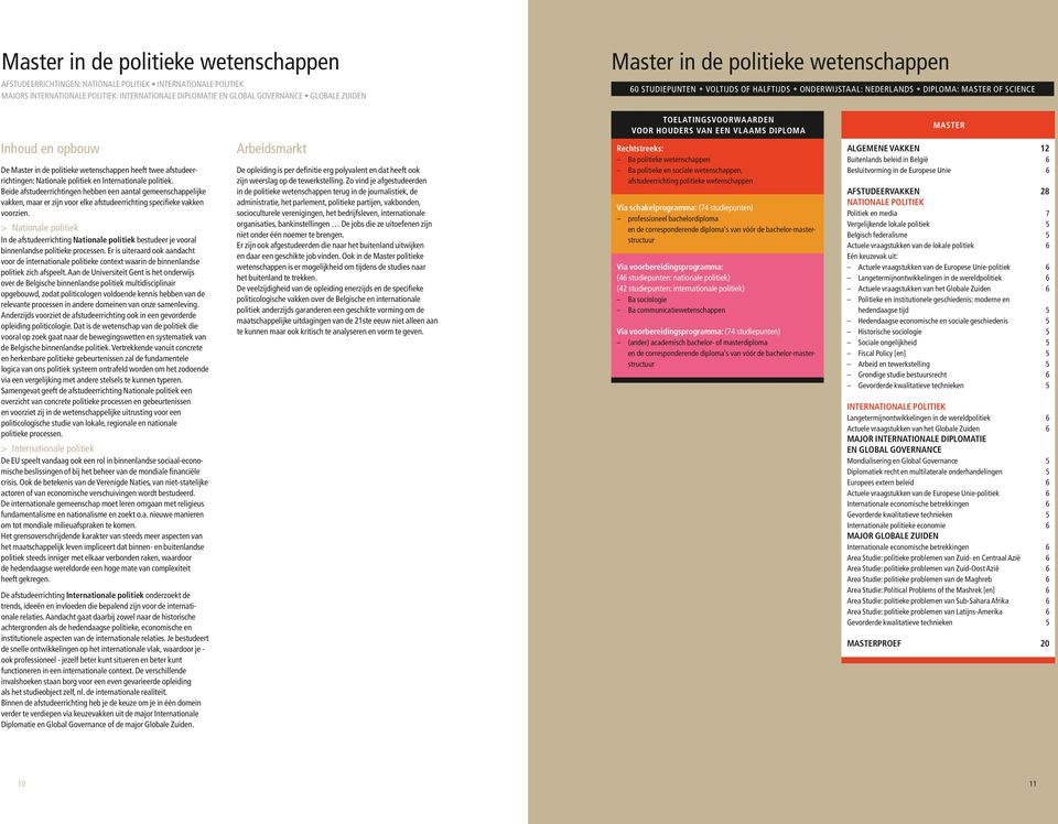 en opbouw Arbeidsmarkt De Master in de politieke wetenschappen heeft twee afstudeerrichtingen: Nationale politiek en Internationale politiek.