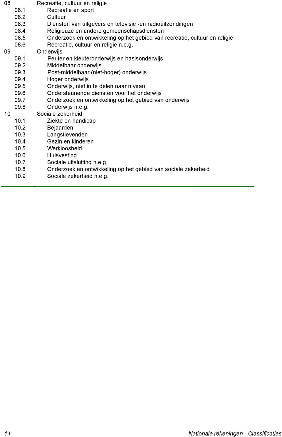 2 Middelbaar onderwijs 09.3 Post-middelbaar (niet-hoger) onderwijs 09.4 Hoger onderwijs 09.5 Onderwijs, niet in te delen naar niveau 09.6 Ondersteunende diensten voor het onderwijs 09.