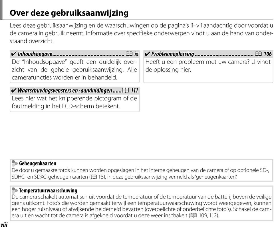 Alle camerafuncties worden er in behandeld. Probleemoplossing...P 06 Heeft u een probleem met uw camera? U vindt de oplossing hier. Waarschuwingsvensters en -aanduidingen.