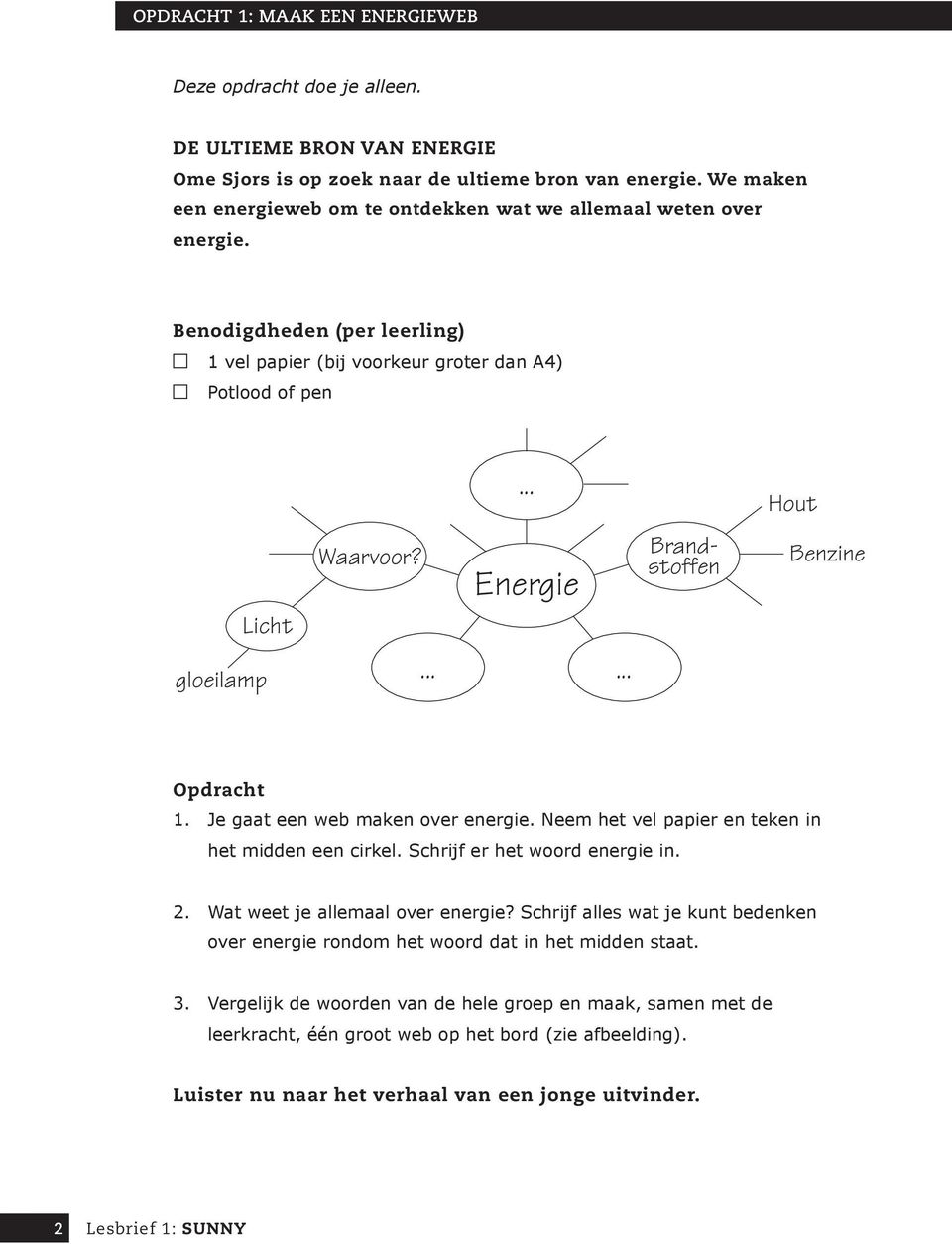 Energie Brandstoffen Benzine gloeilamp...... Opdracht 1. Je gaat een web maken over energie. Neem het vel papier en teken in het midden een cirkel. Schrijf er het woord energie in. 2.