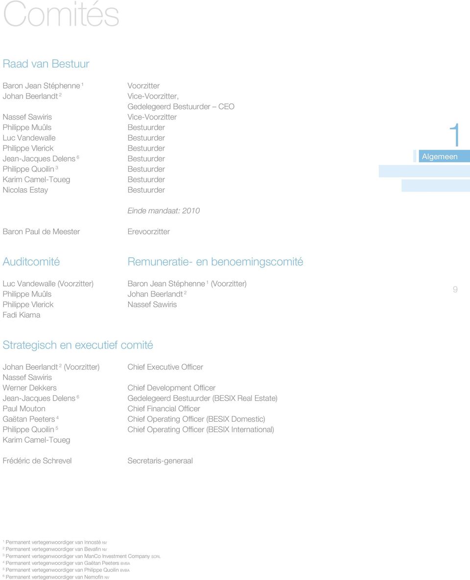 Erevoorzitter 1 Algemeen Auditcomité Luc Vandewalle (Voorzitter) Philippe Muûls Philippe Vlerick Fadi Kiama Remuneratie- en benoemingscomité Baron Jean Stéphenne 1 (Voorzitter) Johan Beerlandt 2