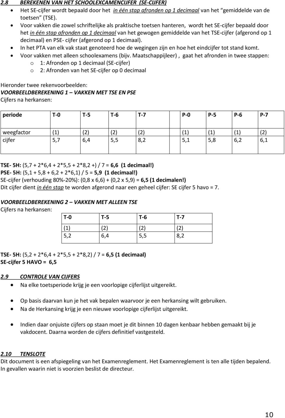 1 decimaal) en PSE- cijfer (afgerond op 1 decimaal). In het PTA van elk vak staat genoteerd hoe de wegingen zijn en hoe het eindcijfer tot stand komt. Voor vakken met alleen schoolexamens (bijv.