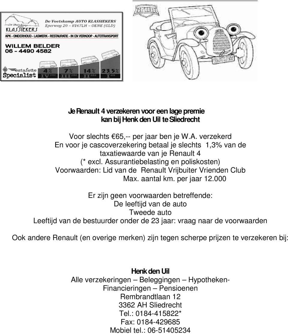 Assurantiebelasting en poliskosten) Voorwaarden: Lid van de Renault Vrijbuiter Vrienden Club Max. aantal km. per jaar 12.