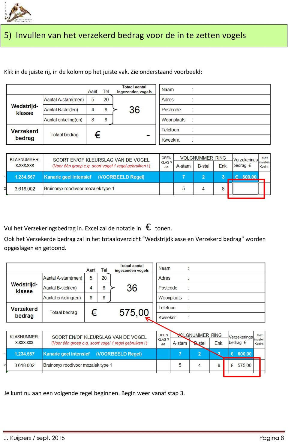 Ook het Verzekerde bedrag zal in het totaaloverzicht Wedstrijdklasse en Verzekerd bedrag worden opgeslagen