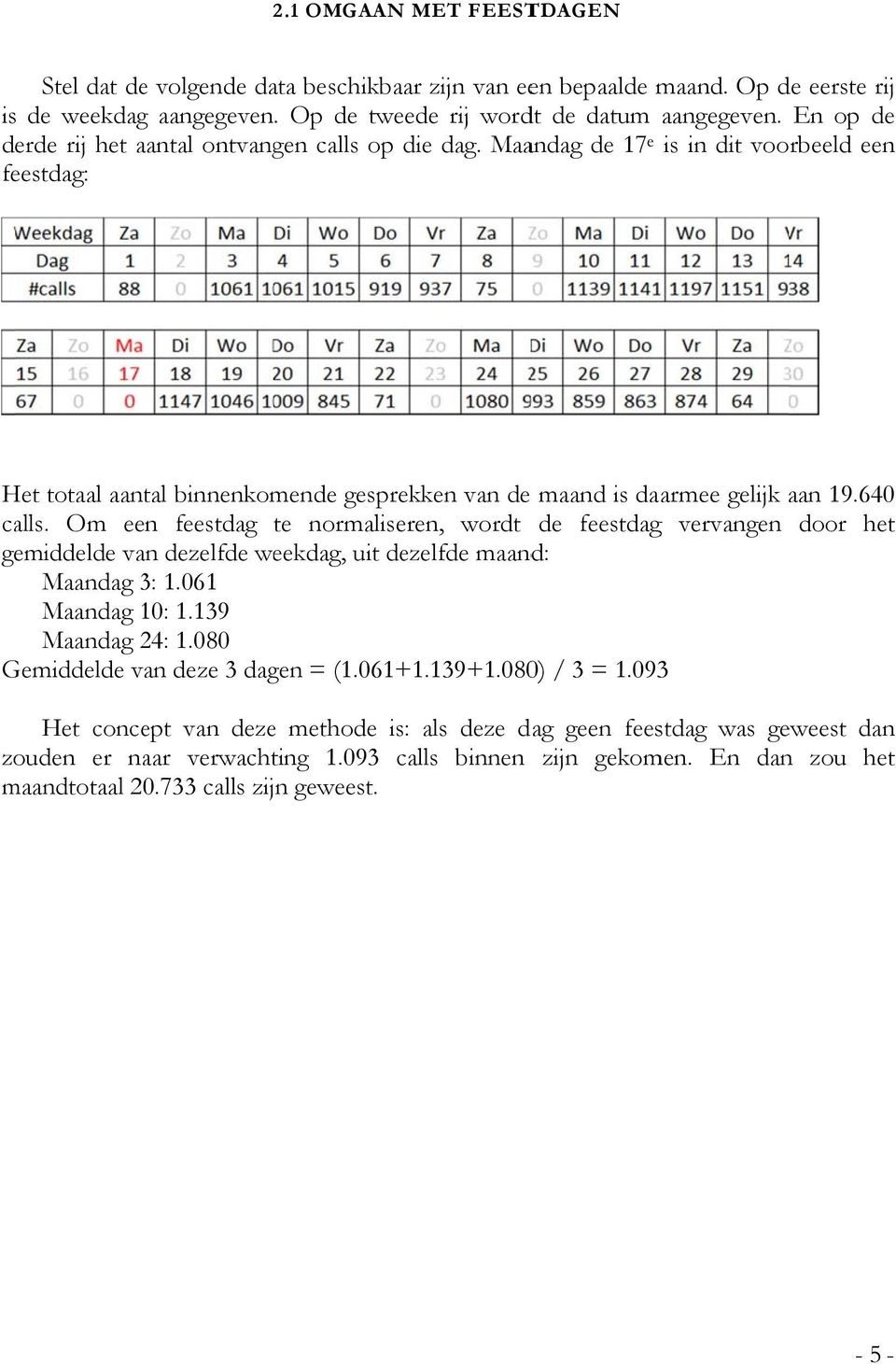 640 calls. Om een feestdag te normaliseren, wordt de feestdag vervangen door het gemiddelde van dezelfde weekdag, uit dezelfde maand: Maandag 3: 1.061 Maandag 10: 1.139 Maandag 24: 1.